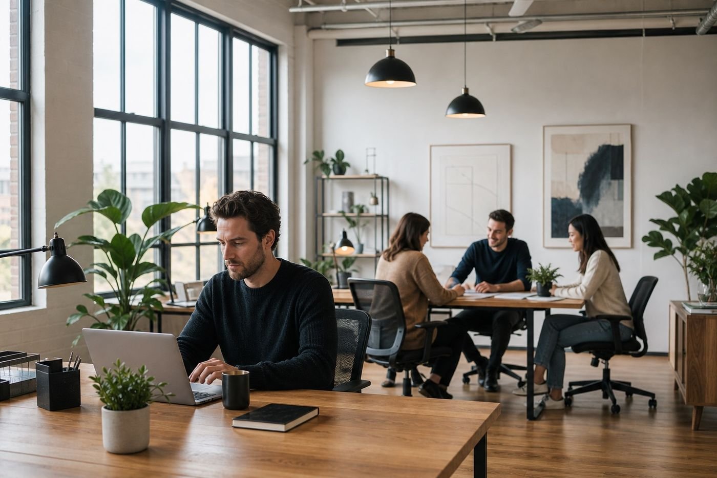 A modern website agency team collaborating in a bright studio
