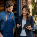 A local business owner comparing a business listing and website across digital devices