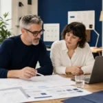 A local business owner and website strategist reviewing a sitemap and project plan